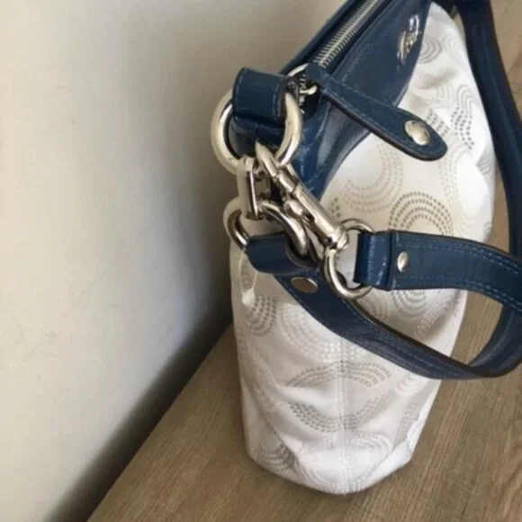 Coach Ashley Dotted Op Art Cream Canvas Blue Leather Shoulder Crossbody Bag - Picture 5 of 11